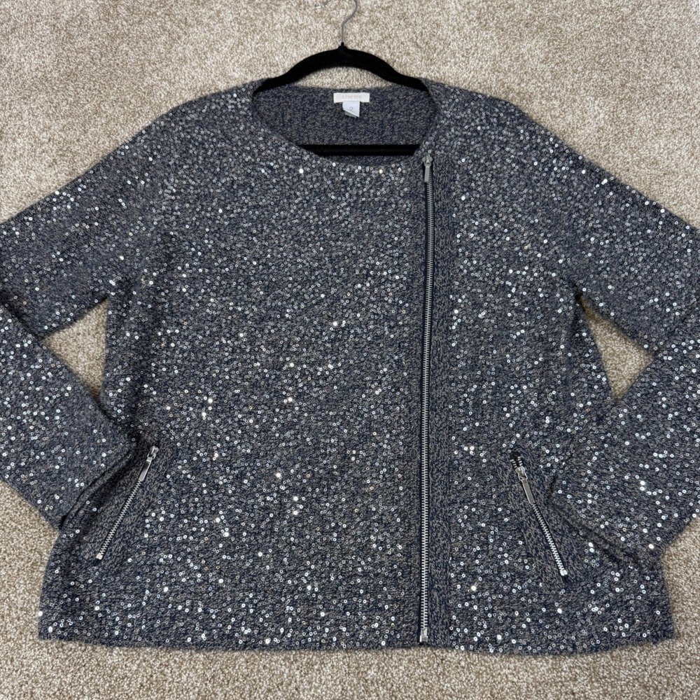 Chicos Womens 2 Large Sequined Moto Cardigan‎ Sweater Navy Blue Shimmer Sparkle